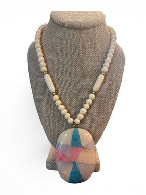 Vintage Cream Beaded Necklace with Pastel Geometric Pendant